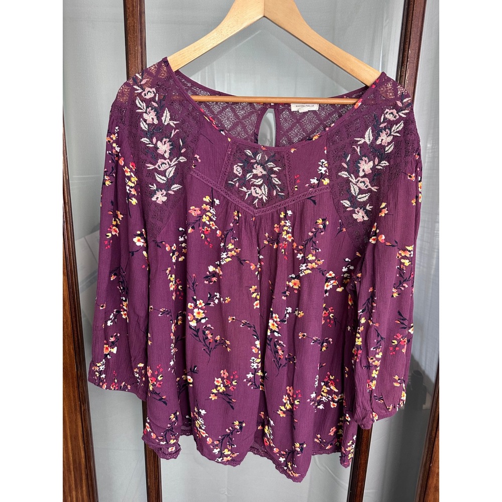 Mason & Belle Womens 2X Plum Floral Lace Embroidered Boho Blouse 3/4 Sleeve Top